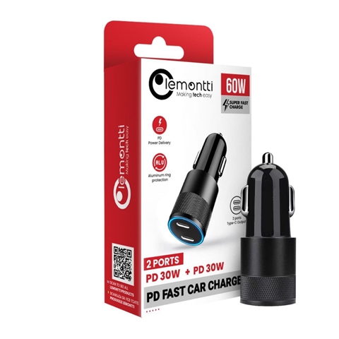  INCARCATOR AUTO SUPER FAST CHARGE 60W NEGRU CU 2 PORTURI PD TYPE-C X 30W LEMONTTI