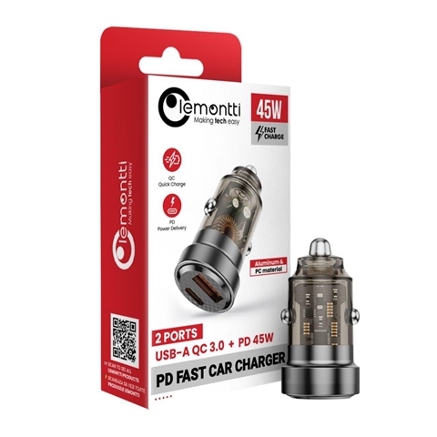 INCARCATOR AUTO FAST CHARGE 45W CU 2 PORTURI PD TYPE-C 45W SI USB-A QC3.0 LEMONTTI