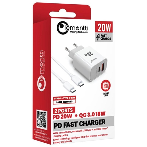 SET INCARCATOR RETEA CU PD TYPE-C 20W,USB-A QC3.0 CABLU TYPE-C LA TYPE-C 1M LEMONTTI