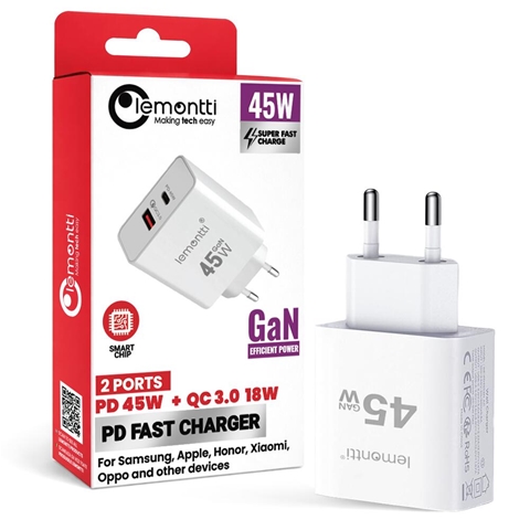 INCARCATOR AUTO RETEA GAN 45W ALB CU PD TYPE-C 45W SI USB-A QC 3.0  LEMONTTI
