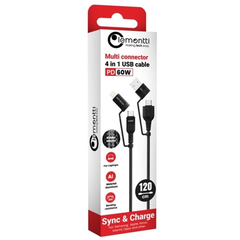  CABLU MULTI CONECTOR 4 IN 1 USB-A TYPE-C LA TYPE-C LIGHTNING 60W 1.2M NEGRU LEMONTTI