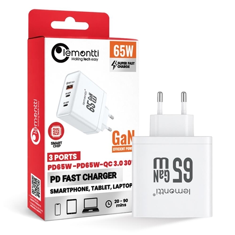 INCARCATOR AUTO RETEA GAN 65W ALB CU PD TYPE-C 65W SI USB-A QC3.0 EU PLUG LEMONTTI