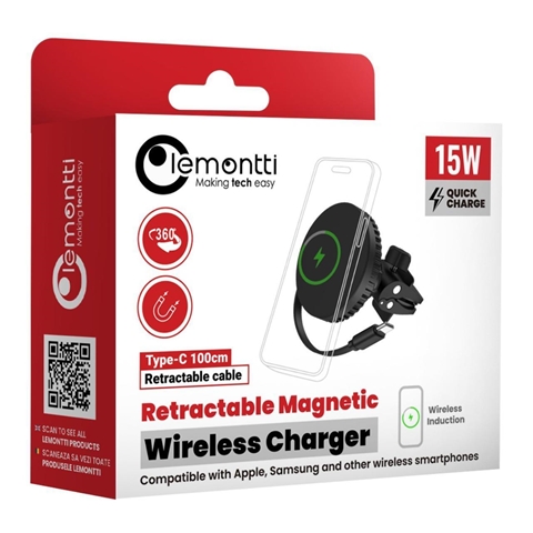  SUPORT AUTO MAGNETIC CU INCARCARE WIRELESS CABLU RETRACTABIL TYPE-C NEGRU LEMONTTI